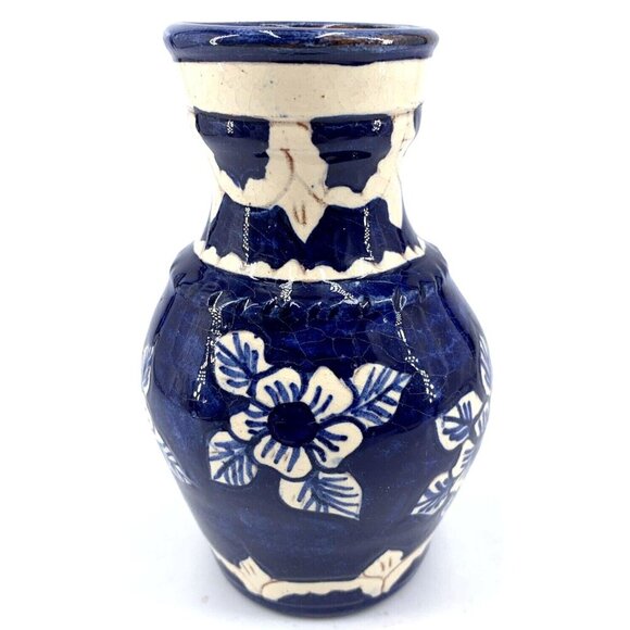 Redware Vase Mexican Blue & White Pottery Hand Painted 5" Vtg - Picture 3 of 6